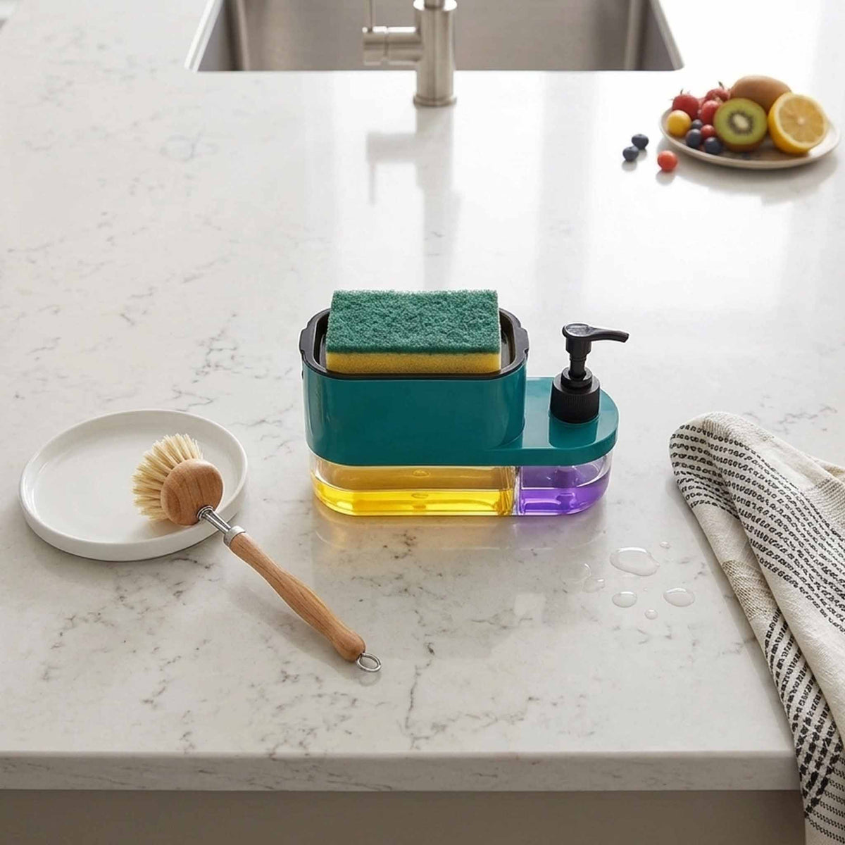 3-in-1 Kitchen Soap Dispenser with Sponge Holder – One-Hand Press Dishwashing Liquid Pump