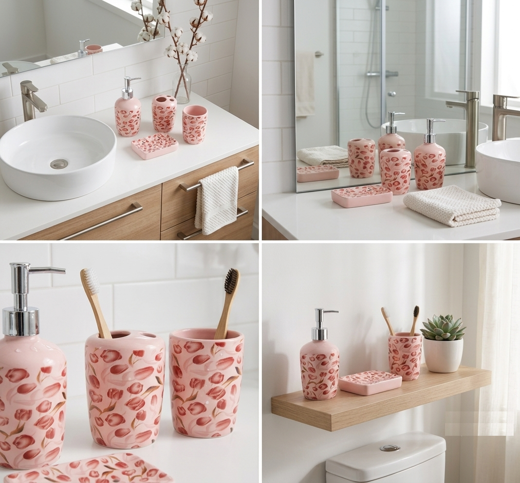 4-Piece Ceramic Bathroom Accessory Set – Soap Dispenser, Toothbrush Holder, Tumbler & Soap Dish