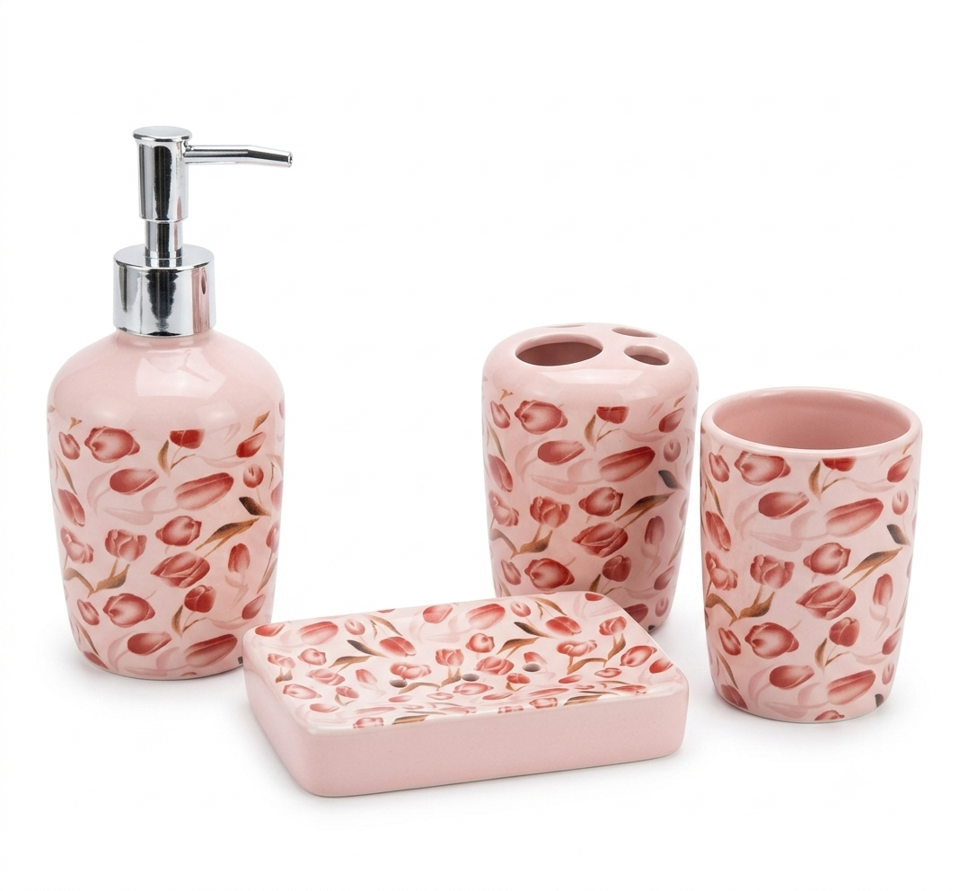 4-Piece Ceramic Bathroom Accessory Set – Soap Dispenser, Toothbrush Holder, Tumbler & Soap Dish